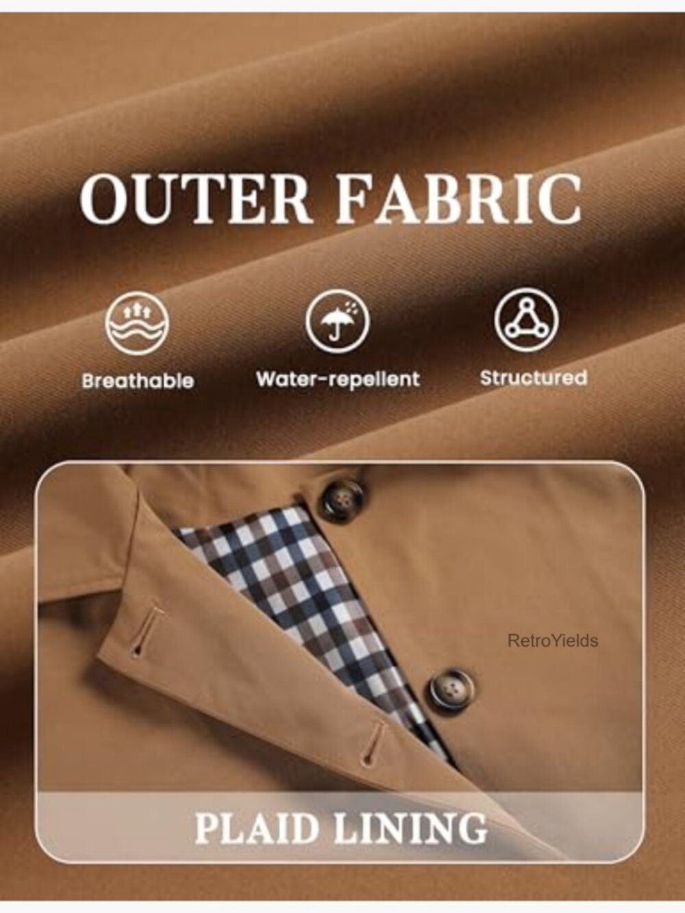 Short Trench Jacket Plaid Lining Button Front Lightweight Casual Outerwear with - Picture 6 of 7